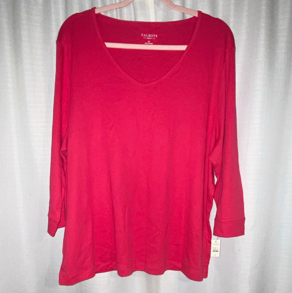 Talbots Women's Plus 3X Pink Solid V-Neck 3/4 Sleeve Knit Cotton Top
